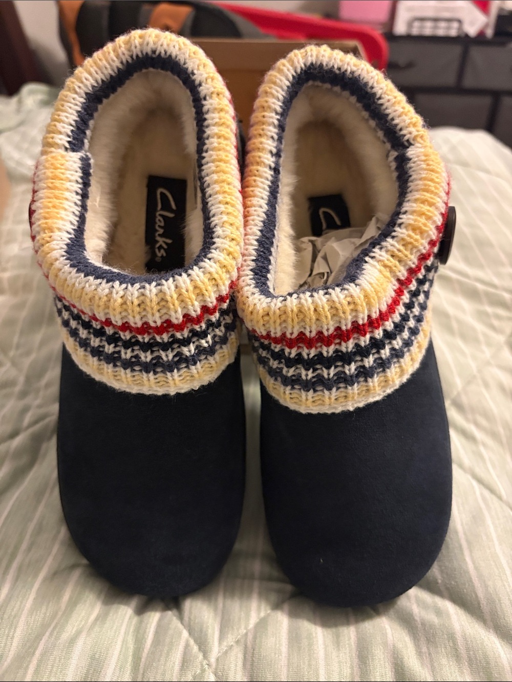 Clarks Navy Womens Slippers with Striped Knit Cuff